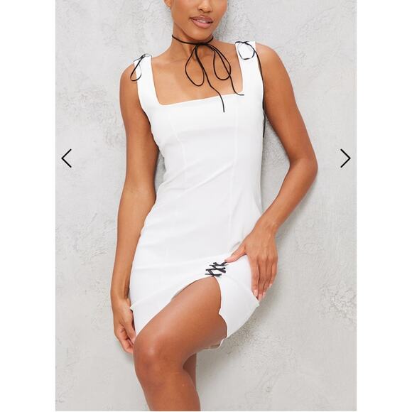 NWT PrettyLittleThing Cream Stretch Woven Bow Detail Bodycon Dress Size 4 - Picture 2 of 11
